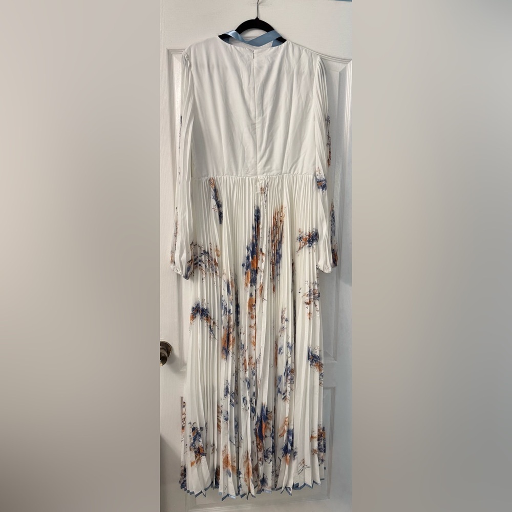 Fehaute Pleated Floral Chiffon V Neck Long Balloon Sleeve A-Line Maxi Dress - Picture 7 of 16